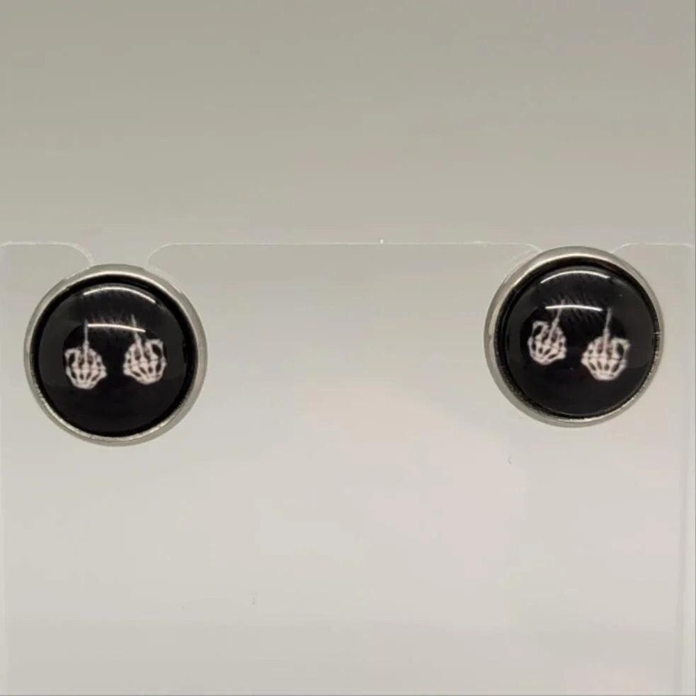 Middle Finger Skeleton Hand Stud Earrings Gothic Jewelry Silver Pin